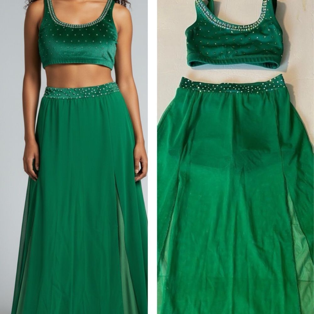 The Line up solo dance custom costume kelly green 2 piece maxi skirt leotard 10